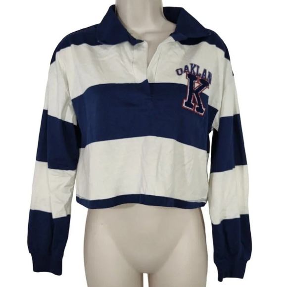 Freeze Tops - Freeze Cropped Oakland Blue Striped Polo Top Women Juniors Size XS Long Sleeve